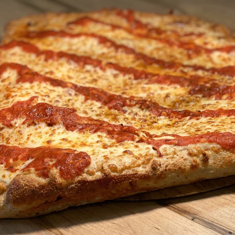 Thick rectangular pizza topped with melted cheese and parallel stripes of tomato sauce on a wooden table.