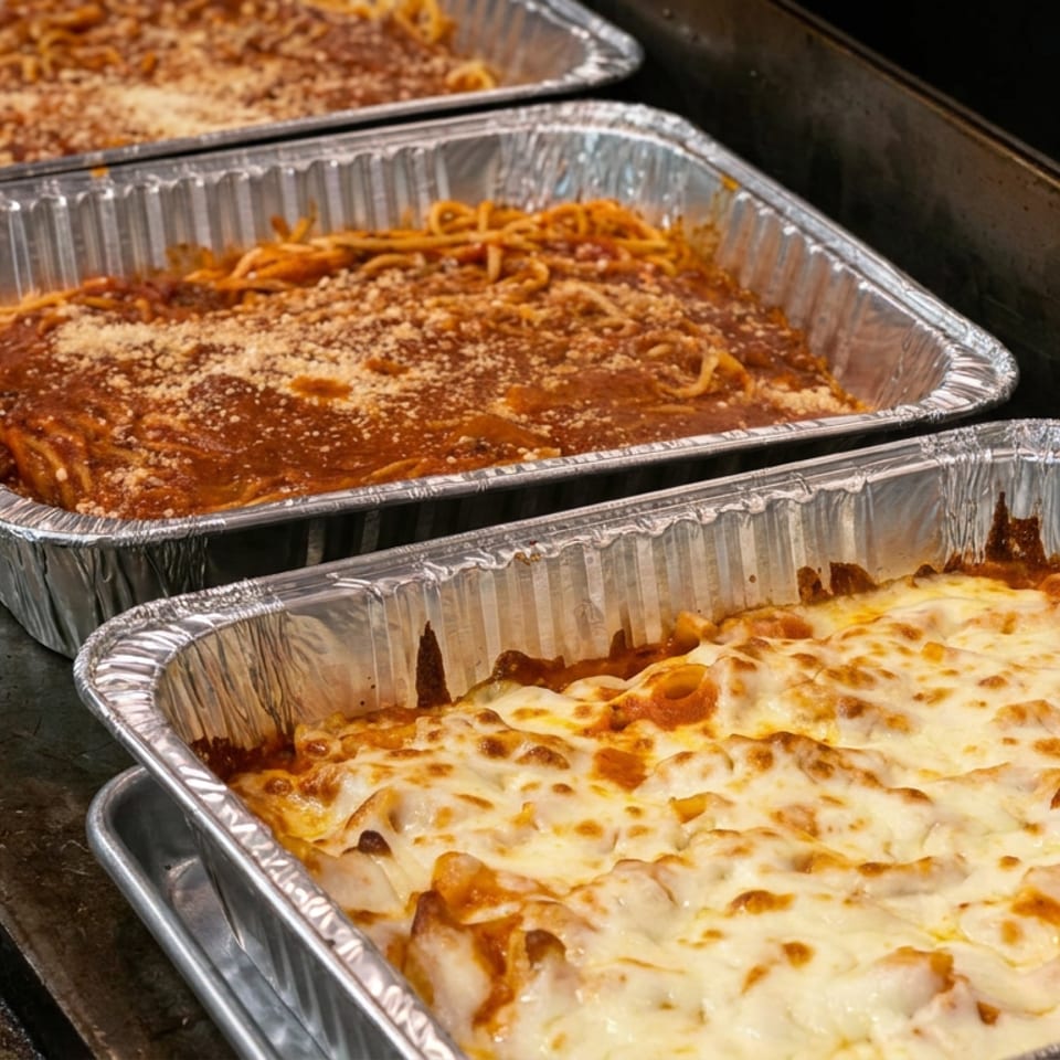 Aluminum trays of baked pasta in tomato sauce, including one topped with melted browned cheese, sit in a commercial kitchen.
